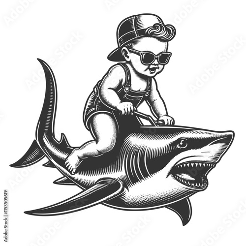 baby giving a thumbs up while riding a shark, blending humor and fantasy in a whimsical, retro design sketch engraving generative ai vector illustration. Scratch board imitation. Black and white image