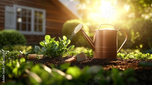 Gardening Tools and Watering Can in a Sunny Landscape. Generative AI photo