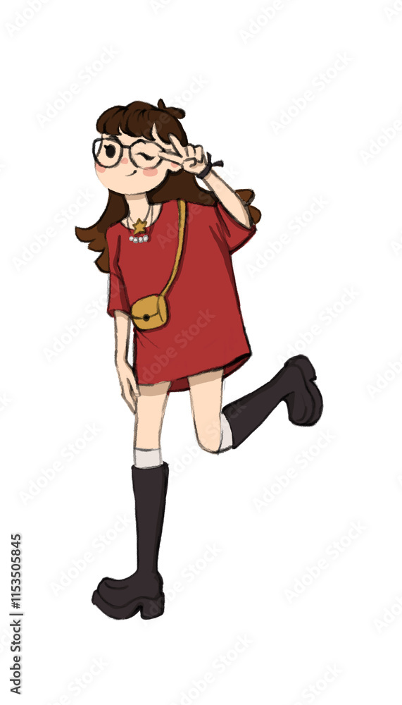 2D brunette girl in a dynamic pose running in a red T-shirt, glasses, with a yellow bag in boots 2D brunette girl in a dynamic pose running in a red T-shirt, glasses, with a yellow bag in boots