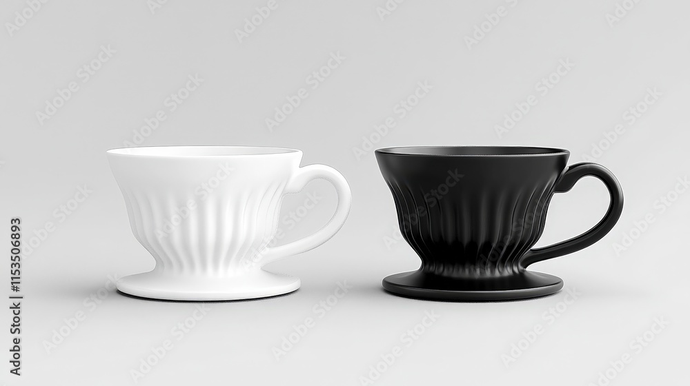 Elegant White and Black Coffee Cups on Minimalist Gray Background Elegant White and Black Coffee Cups on Minimalist Gray Background