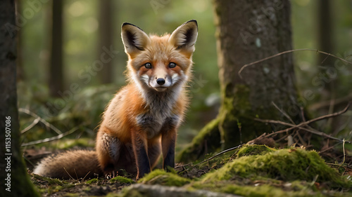  It has brown fur and is looking at the camera. Red fox, vulpes vulpes, small young cub in forest . Wildlife scene from nature