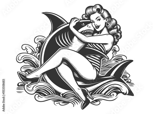 pin-up girl embracing a shark. Combines vintage charm with marine life sketch engraving generative ai fictional character vector illustration. Scratch board imitation. Black and white image.