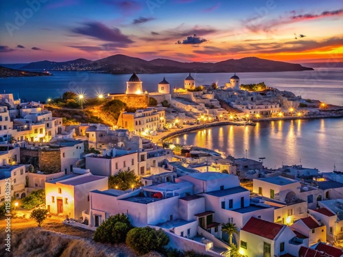 Fototapeta Naklejka Na Ścianę i Meble -  Magical Mykonos Night: Panoramic Cyclades Island Town at Dusk