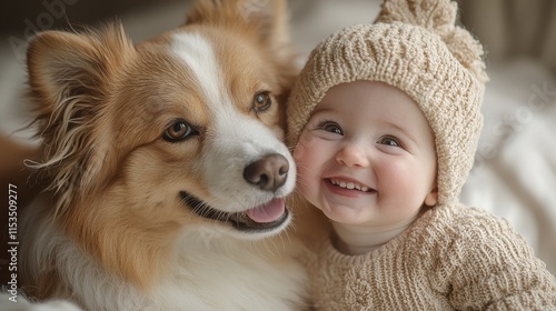 Smiling Toddler and Dog Together in Cozy Setting photo