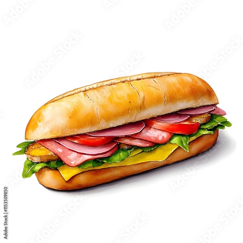 A vibrant, hand-drawn illustration of a sub sandwich, filled with various meats, cheese, lettuce, and tomato slices. photo