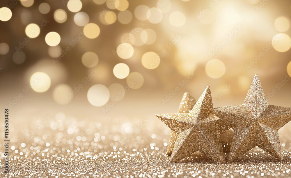 Close-up of sparkling golden star-shaped decorations surrounded by glitter, creating a festive and glamorous atmosphere. Close-up of sparkling golden star-shaped decorations surrounded by glitter, creating a festive and glamorous atmosphere.