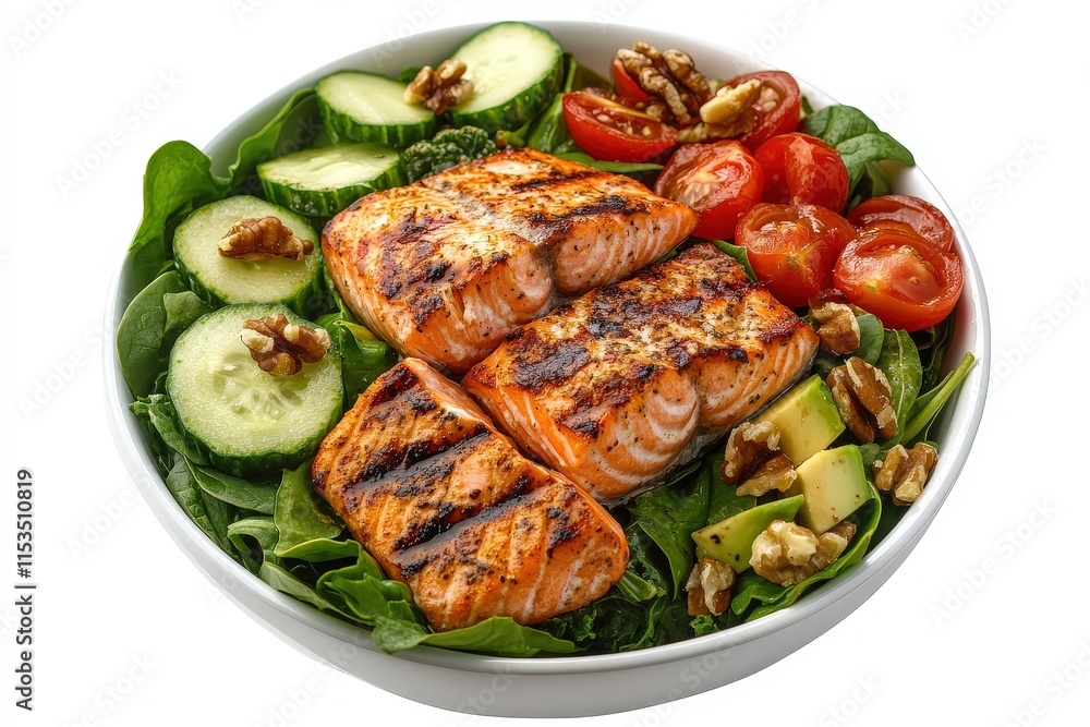 Fresh Grilled Salmon Salad with Assorted Vegetables and Healthy Ingredients Fresh Grilled Salmon Salad with Assorted Vegetables and Healthy Ingredients