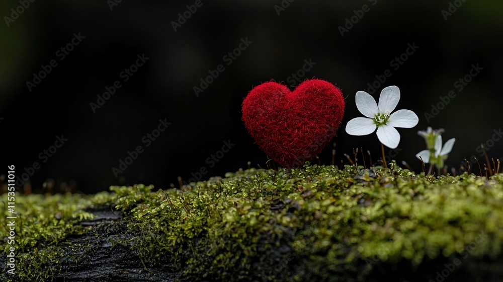 Red felt heart and white flower on moss. Red felt heart and white flower on moss.