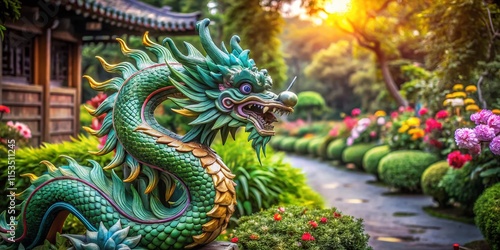 Wallpaper Mural Majestic Chinese Dragon Statue in Serene Garden - Stock Photo Torontodigital.ca