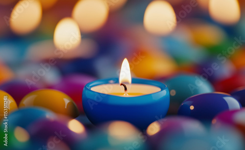 A single lit candle in a blue holder surrounded by colorful blurred decorations, creating a warm and vibrant atmosphere. photo