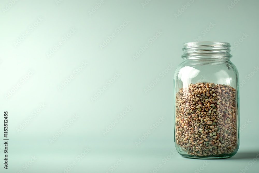 glass jar filled with gardening seeds positioned slightly to right with ample copy space on left glass jar filled with gardening seeds positioned slightly to right with ample copy space on left
