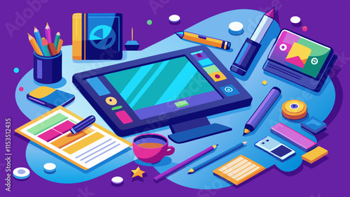 Digital art studio setup with drawing tablets, stylus pens, and creative art supplies.