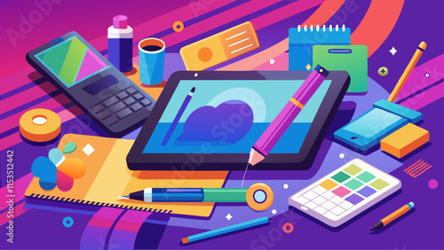Digital art studio setup with drawing tablets, stylus pens, and creative art supplies.