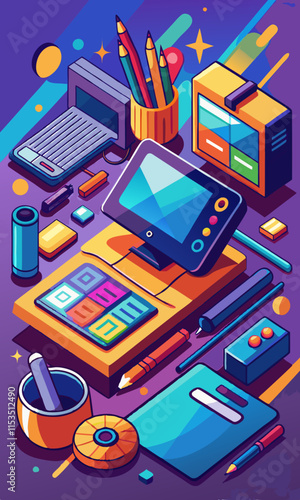 Digital art studio setup with drawing tablets, stylus pens, and creative art supplies.
