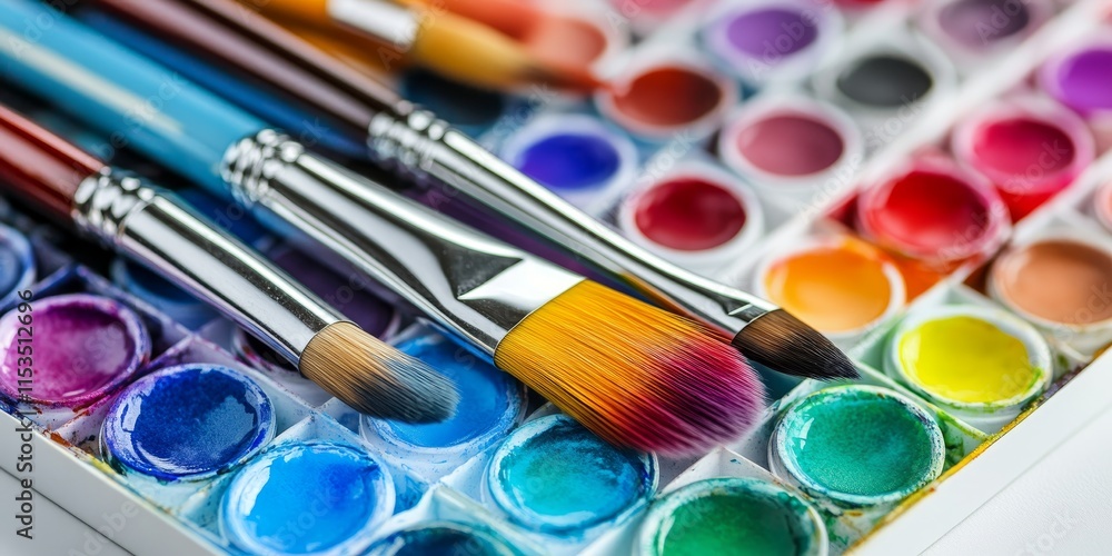 Obraz premium Watercolors and brushes for painting elegantly arranged on a white background, showcasing vibrant colors and artistic tools perfect for any painting project with watercolors.