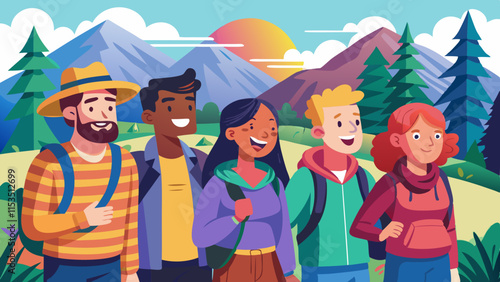 Diverse group of friends from different backgrounds hiking on mountain trail, enjoying nature adventure together.