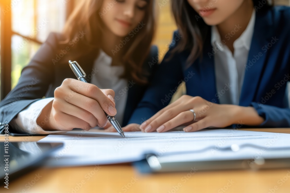 Young couple signs important contract to purchase real estate in a bright office setting Young couple signs important contract to purchase real estate in a bright office setting