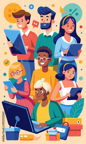 Experiencia de compra en línea, personas de diferentes grupos demográficos comprando en línea, con computadoras portátiles, tabletas y teléfonos inteligentes