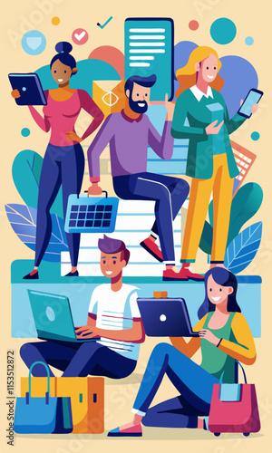 Experiencia de compra en línea, personas de diferentes grupos demográficos comprando en línea, con computadoras portátiles, tabletas y teléfonos inteligentes