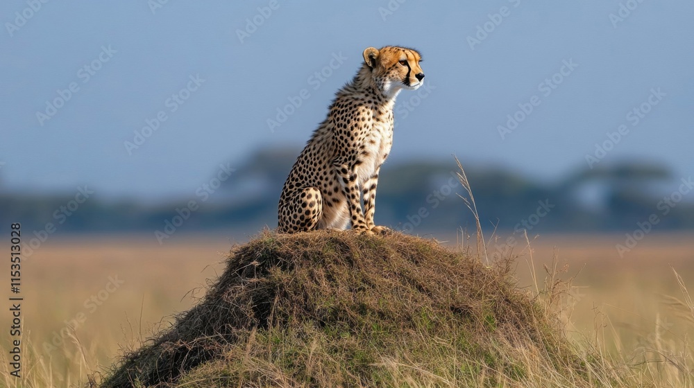Cheetah Sitting Atop Grassy Mound In Savanna Cheetah Sitting Atop Grassy Mound In Savanna