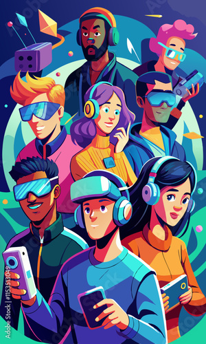 Jugadores de diversos orígenes inmersos en una experiencia de juego de realidad virtual con auriculares y controladores.