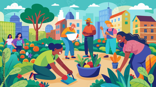 Diverse group of people gardening in urban community garden space, planting flowers, vegetables, and herbs in shared space. 