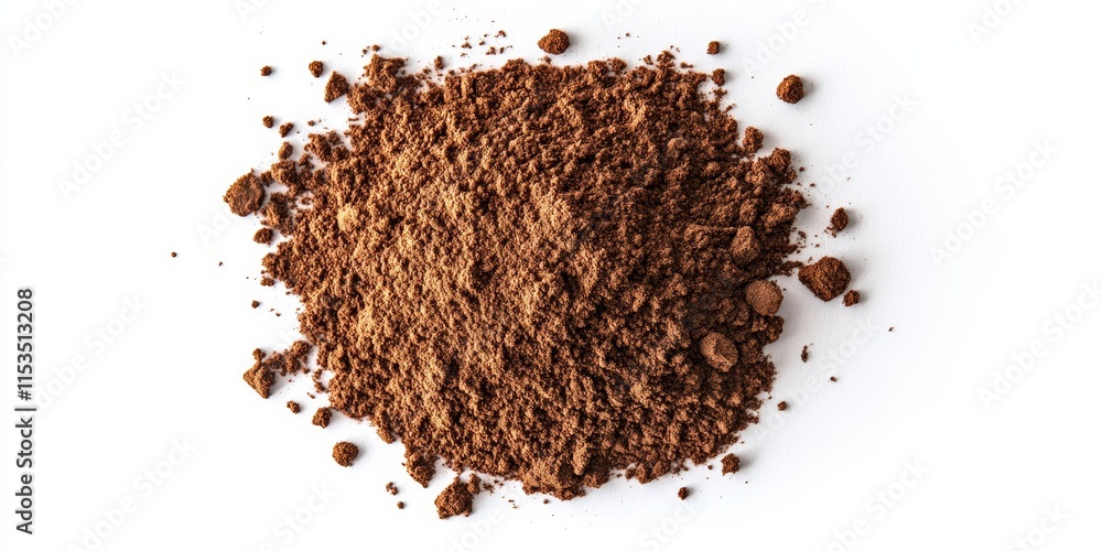 Coffee powder displayed on a white background, showcasing the rich texture and color of the coffee powder in this top view composition, emphasizing the beauty of the coffee powder. Coffee powder displayed on a white background, showcasing the rich texture and color of the coffee powder in this top view composition, emphasizing the beauty of the coffee powder.