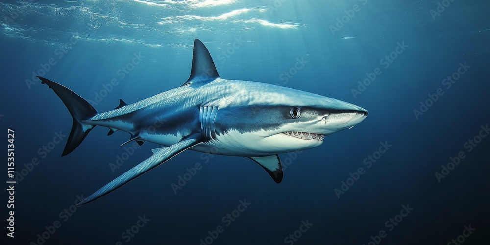 Fototapeta premium Majestic blue shark, scientifically known as Prionace glauca, glides gracefully through the ocean waters, showcasing the beauty and agility of this remarkable blue shark species.
