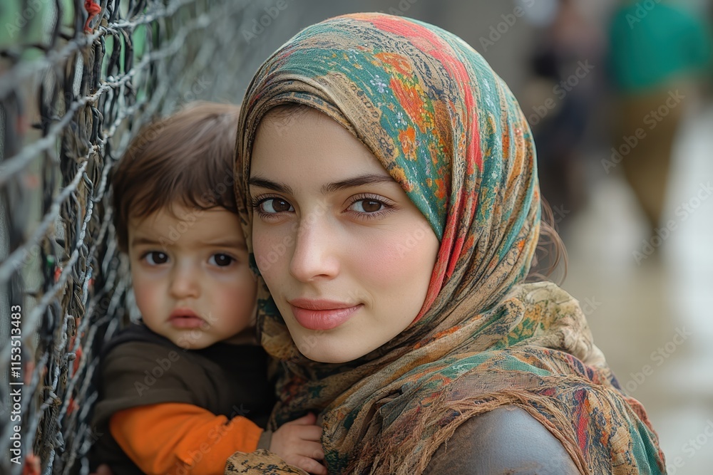 Obraz premium Young woman in hijab carries child in arms, standing near a mesh fence in a lively neighborhood