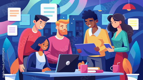 Diverse team of professionals brainstorming and working together on a tech startup project in a creative office space.

