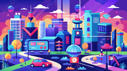 Smart city technology, futuristic cityscape with autonomous vehicles, smart grids, and IoT devices transforming urban living. Digital infrastructure, advanced smart systems in a modern urban setting