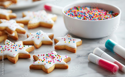 Star-shaped sugar cookies with white icing and colorful sprinkles, accompanied by a bowl of sprinkles and decorating tools. photo