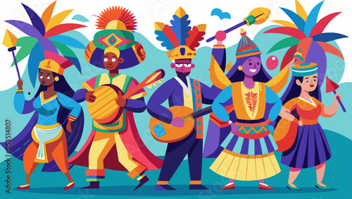 Cultural festival parade featuring diverse participants in traditional costumes and musical instruments.
