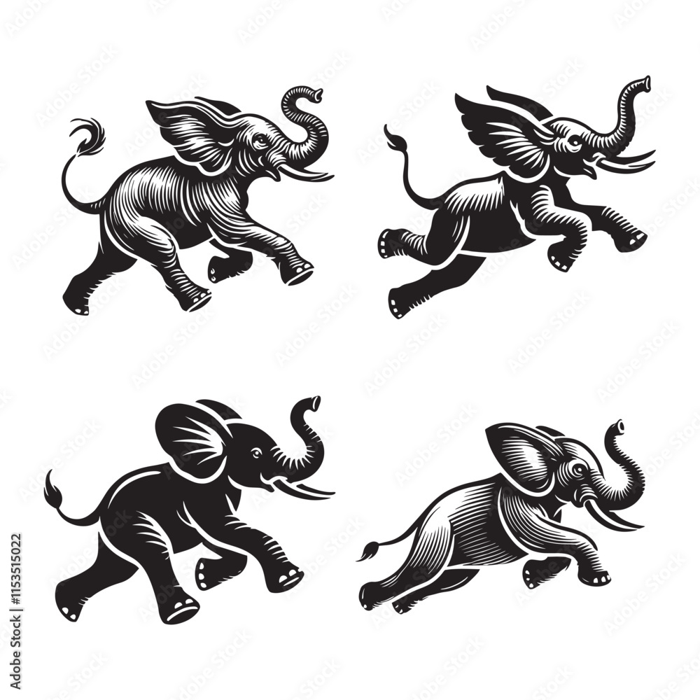 Fototapeta premium 4 Set of Black Running Elephant Silhouettes Isolated on White Background