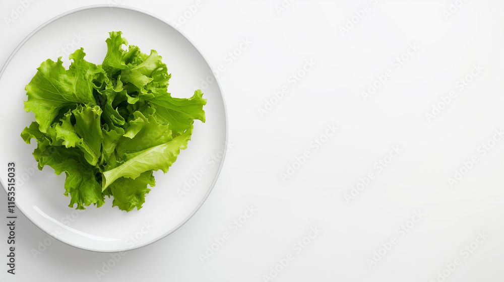 A small pile of curly green lettuce leaves on a clean white plate with a minimalist composition. A small pile of curly green lettuce leaves on a clean white plate with a minimalist composition.