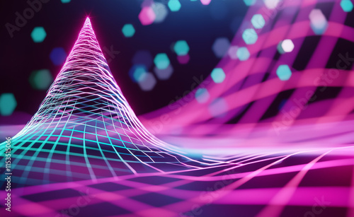 A vibrant digital Christmas tree made of glowing neon spirals and waves in a futuristic abstract design. photo