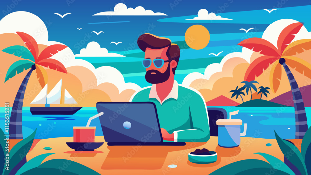 Naklejka premium Remote working professional in a tropical beach setting with laptop, coffee, and sunny vibes. 