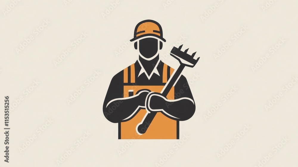 Fototapeta premium Construction Worker with Rake Tool in Orange Uniform and Helmet