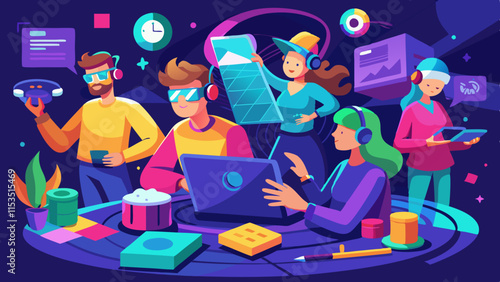 Virtual reality design studio team collaborating on creative 3D modeling, using VR headsets and advanced tools in an innovative workspace.