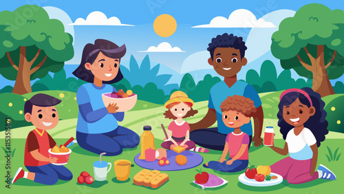 Familia diversa disfrutando de un picnic en el parque con comida, juegos y actividades al aire libre