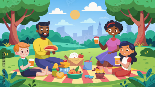 Familia diversa disfrutando de un picnic en el parque con comida, juegos y actividades al aire libre