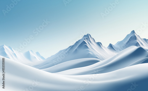 Serene snowy mountain peaks under a clear blue sky with smooth white snowdrifts in the foreground. photo