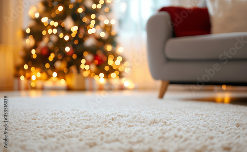 A soft white carpet in the foreground with a decorated Christmas tree and wrapped presents in the blurred background. photo