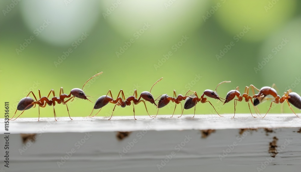 Fototapeta premium Ants crawling on a window frame, with a blurred green background