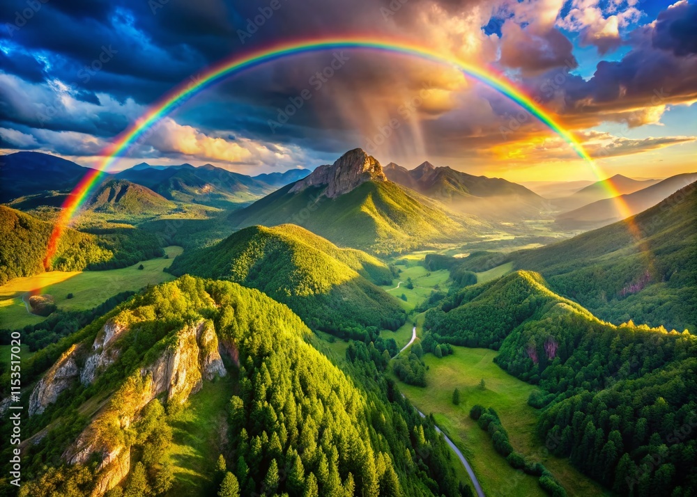 Obraz premium Majestic Rainbow Arcing Over Verdant Mountain Peak - Drone Aerial View