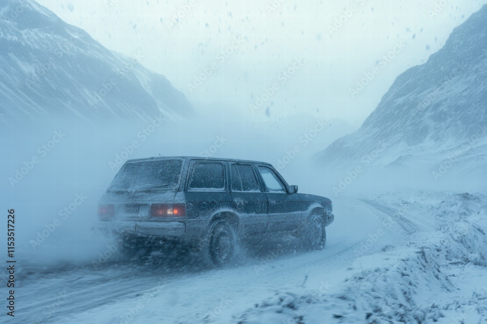 SUV navigates through a blizzard in the mountain range during winter weather SUV navigates through a blizzard in the mountain range during winter weather