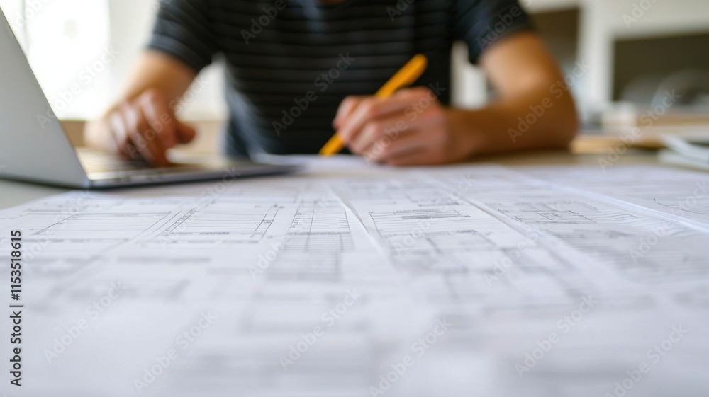 A person is reviewing architectural blueprints while working on a laptop, focusing on design and planning tasks. A person is reviewing architectural blueprints while working on a laptop, focusing on design and planning tasks.