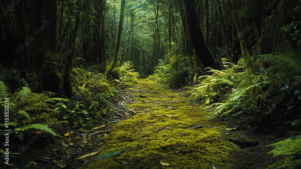 Fototapeta premium Mossy ground in lush rainforest with vibrant greenery and trees