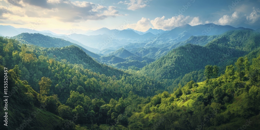 Fototapeta premium A birds eye perspective showcases the vibrant greenery of the forest and the grandeur of the mountains, highlighting the beauty of lush nature and scenic landscapes.