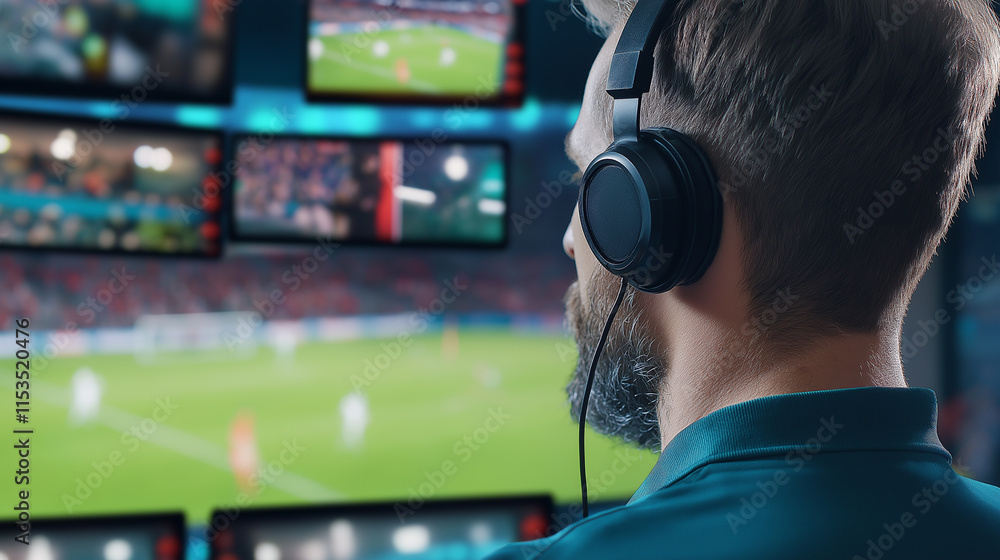 Back view of a man wearing headphones, monitoring multiple sports screens in a control room, focused on live football games.
Back view of a man wearing headphones, monitoring multiple sports screens in a control room, focused on live football games.